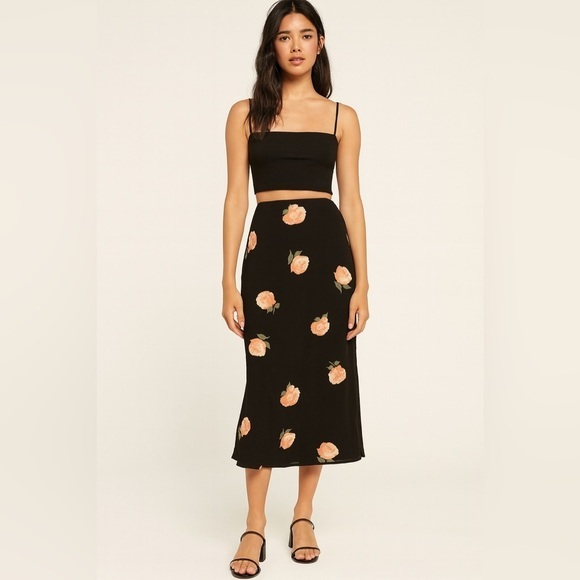 Reformation Dresses & Skirts - Reformation Bea Crepe Midi Skirt Large Floral Rose Design size 4 Black
